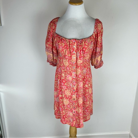 Spell Love Story Boho Printed Midi Dress Puff Sleeves Size M Red - Picture 6 of 10